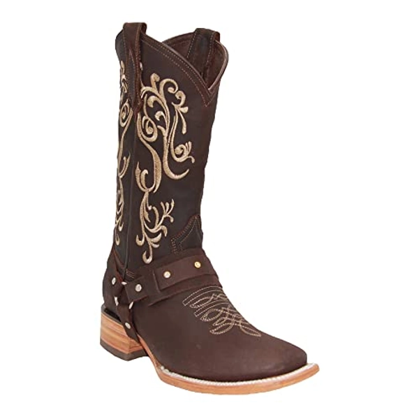 The Western Shops Women’s Floral Embroidered Harness Square Toe Brown Cowgirl Cowboy Boot