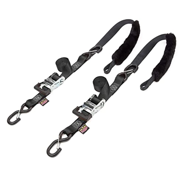 PowerTye 1.5in x 7ft Fat Strap Deluxe Ratchet Tie-Downs w/Sheepskin Soft-Tye, Latch Hooks - 1,000 lb. W.L.L. / 3,000 lb. Breaking Strength - Made in USA - Black (Pair)
