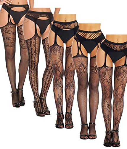SOUTHRO 5 Pairs Fishnet Thigh High Garter Stockings Patterned Tights for Women,Garter Belt Set & Suspender Pantyhose for Girl - One Size - H-5pcs
