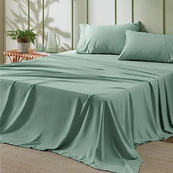 Bedsure Queen Sheet Set - Soft Sheets for Queen Size Bed, 4 Pieces Hotel Luxury Mint Green Sheets Queen, Easy Care Polyester Microfiber Cooling Bed Sheet Set