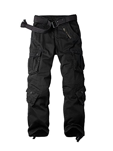 OCHENTA Men's Casual Military Cargo Pants Baggy Camo Work Trousers with 8 Pockets (No Belt) - 29 - #3357 Black
