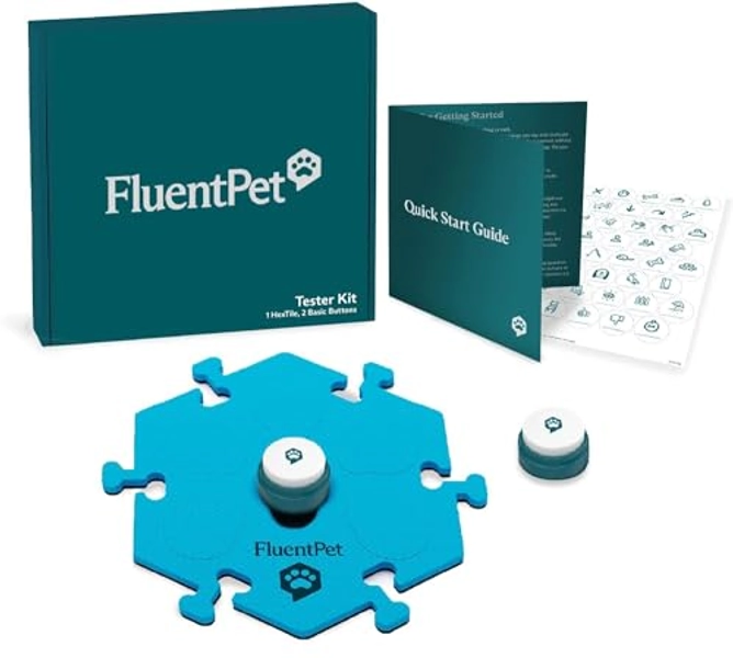 FluentPet Tester Kit - Dog Buttons for Communication - Compact Talking Buttons for Dogs and Cats - Dog Talking Button Set with 2 Recordable Buttons and 1 Compact HexTile Soundboard Mats