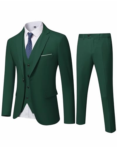 YND Men's Slim Fit 3 Piece Suit, One Button Solid Jacket Vest Pants Set with Tie - Deep Green - X-Small
