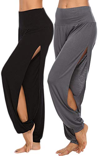 AvaCostume Womens Harem Yoga Pants Side Slit Sport Workout Sweatpants - Small - Black/Darkgrey