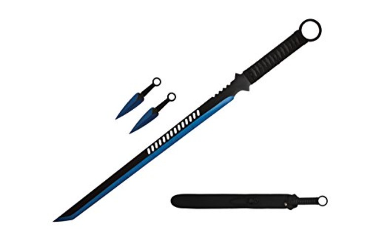 Wartech K1020-65-BL 440 Stainless Steel Full Tang Blade Ninja Hunting Machete Sword with Throwing Knives (2 Piece), 27", Blue - Blue