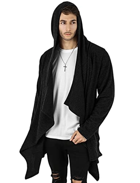 GIVON Mens Hooded Cardigan Ruffle Shawl Collar Drape Cape Overcoat with Pockets & Oversized Hood