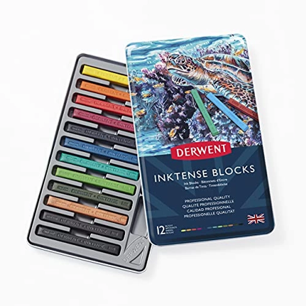 Derwent Inktense Blocks 12 Tin, Set of 12, 8mm Block, Soft Texture, Watersoluble, Ideal for Watercolor, Drawing, Coloring, Crafts and Painting on Paper and Fabric, Professional Quality (2300442)