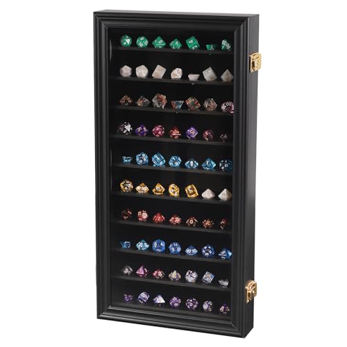 HOROW Large DND Dice Display Case Polyhedral Hexagonal Lockable Wall Mount w/98% UV Protection Dice Collectors Dice Organizer Shelf Box for Game Night Player Role Playing Dice Display Case (Large - Black1