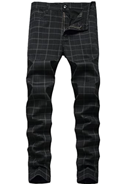 Men's Chino Pants Skinny Fit Plaid Flat-Front Stretch Slim Stylish Casual Business Dress Pants - 30 - Black
