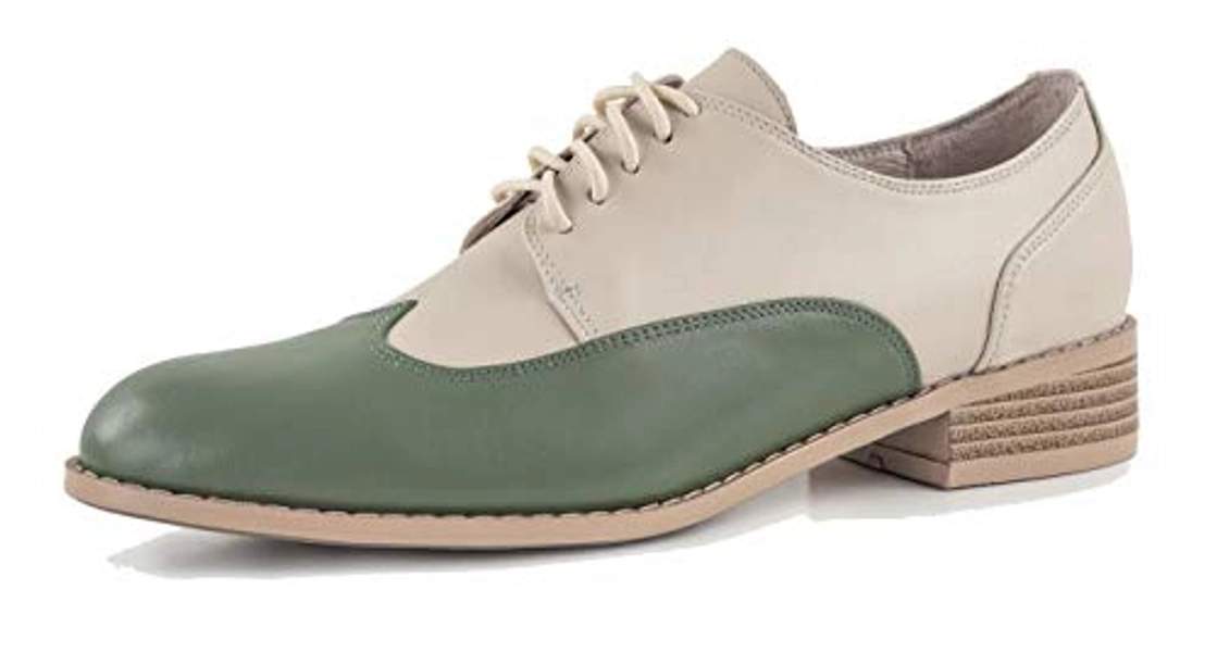 U-lite Womens Pointed-Toe Wintip Brouge Oxford Shoes Open-Vamp Vintage Shoes Green and Brown
