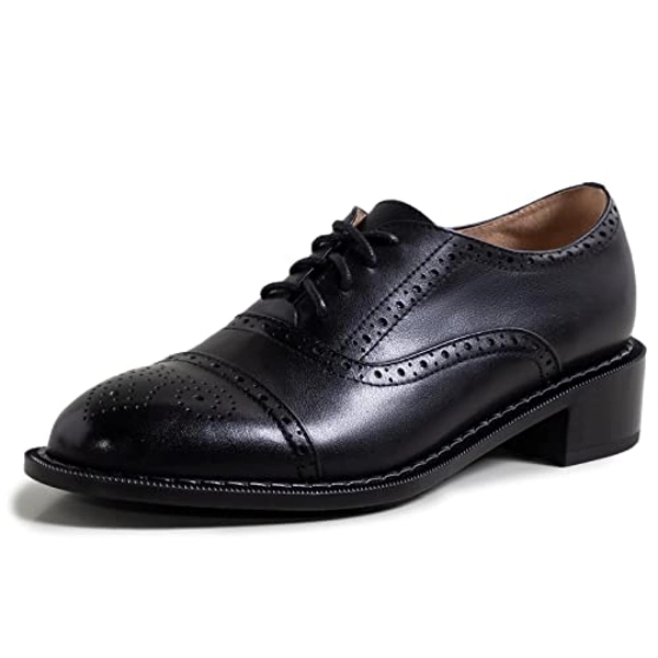 Women's Perforated Classic Lace-up Oxfords Brogue Wingtip Round Toe Derby Saddle Leather Shoes for Women Girls Lady Wife