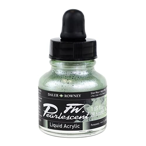 Daler-Rowney FW Pearlescent Acrylic Ink Bottle Silver Moss - Acrylic Drawing Ink for Artists and Students - Permanent Calligraphy Ink - Archival Ink for Illustrating and More