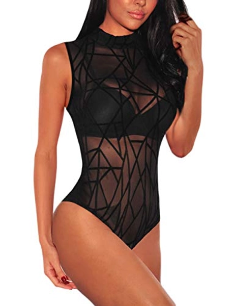 Lrady Women's Sheer Mesh Turtleneck Neck See Through Leotard Bodysuit Body Tops - Small - Black-10