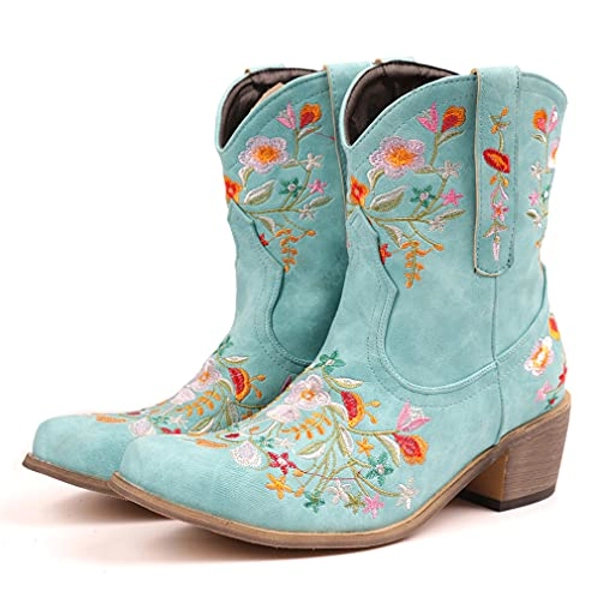 CRYSIGNE Women Flower Embroidered Ankle Cowgirl Boots Square Toe Western Boots Chunky Heel Pull On Short Boots