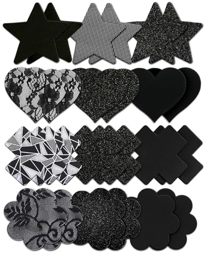 Tripetals Glitters Pasties Nipple Covers Stickers for Women Rave Party Disposable Sticky Breast Petals - Black - 12
