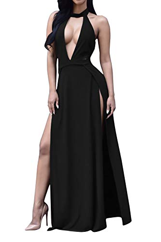 Velius Women Sexy Hollow Out Halter Wrap Sleeveless Plain Pleated Slit Casual Long Maxi Dress - Small - Black01