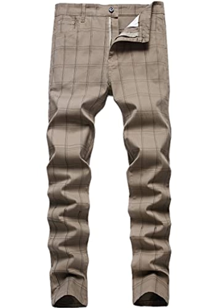 Men's Chino Pants Skinny Fit Plaid Flat-Front Stretch Slim Stylish Casual Business Dress Pants - 30 - Khaki