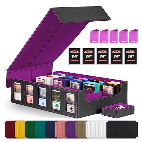 Trading Card Storage Box with Commander Display , 5-Row Deck Case with Removable Lid; 3900+ Card Deck Box for MTG TCG Sports Card, 5 Toploaders, 5 Stoppers, 48 Dividers,1 Dice Tray (Black Purple) - 3900+ - Black& Purple