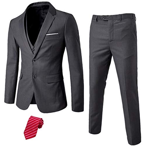 MY'S Men's 3 Piece Slim Fit Suit Set, 2 Button Blazer Jacket Vest Pants with Tie, Solid Wedding Dress Tux and Trousers - X-Small - Deep Grey