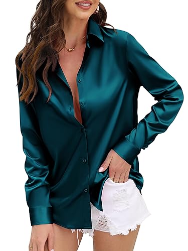 CUNLIN Womens Soft Satin Silk Leopard Button Down Shirts for Women Silky Long Sleeve Work Shirt Dress Blouses Tops - Medium - 935_blue Green