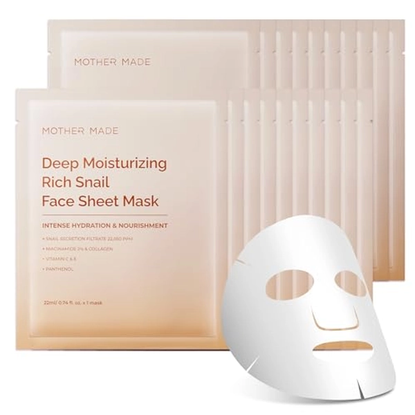 MOTHER MADE Moisturizing Snail Mucin Face Masks 20EA, 22,050ppm Snail Secretion Filtrate, Collagen, Niacinamide 2%, Vitamin C&E | Snail Serum Sheet Mask for Dry, Sensitive Skin, Korean Skincare