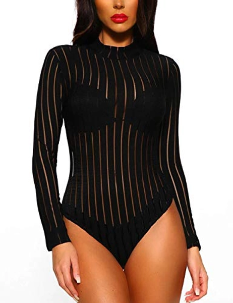 Lrady Women's Sheer Mesh Turtleneck Neck See Through Leotard Bodysuit Body Tops - Small - Black-92