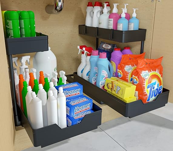 2-Tier Under Sink Organizers, 2 Pack Sliding L-shape Cabinet Organizers Narrow Space Storage Multi-purpose Sink Organizer for Bathroom Kitchen Drawer(Black 2 ) - 2 pack - Black
