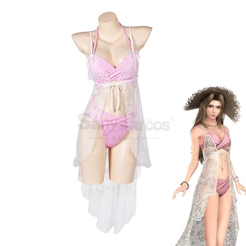 Game Final Fantasy VII Cosplay Aerith Gainsborough Bikini Swimsuit Dress Cosplay Costume - S