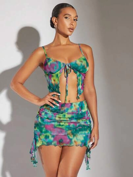SHEIN BAE Tie Dye Knot Front Cami Top & Draped Side Bodycon Skirt