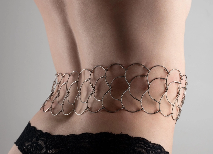 Waist cilice, metal & leather, three rows