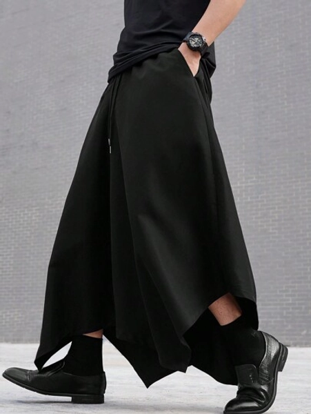 Manfinity EMRG Loose Men's Wide Leg Pants With Asymmetric Hem Stacked Long Harem Plain Black Going Out