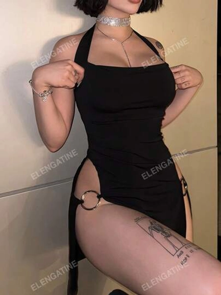 Summer Halter Open Back Cutout Slit Dress