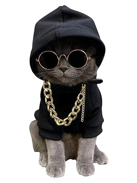 QWINEE 3Pcs Dog Hoodie Cat Apparel Dog Custume Set with Necklace and Sunglasses Pet Clothes for Puppy Small Medium Dogs Cats Multicolor M