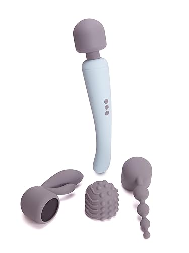 Ann Summers - Power Massage Wand Set, Rechargeable Vibrating Personal Massager, 8 Speed Massage Wand with 3 Textured Silicone Attachments - Light Blue