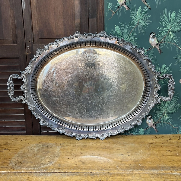 Antique 30" x 20" Oval Ornate Silver Plated Etched Footed Tray Heavy Butlers Tray