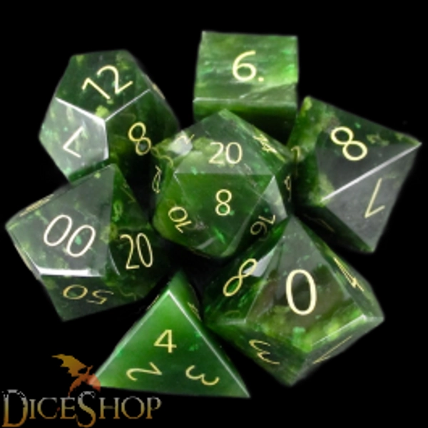 TDSO Gemstone Jade Nephrite & Gold 7 Dice Polyset In Padded Case