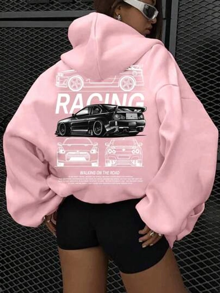 SHEIN EZwear Casual Minimalist Back Car Printed Hooded Long Sleeve Loose Sweatshirt For Women, Autumn & Winter,Long Sleeve Tops