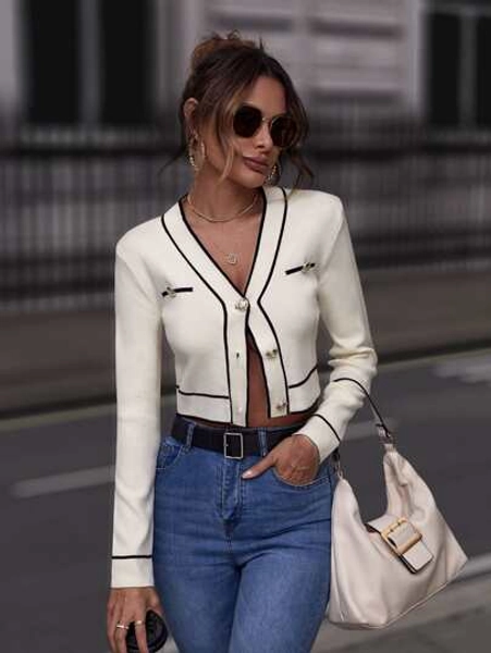 SHEIN Clasi Cárdigan blanco con botones delanteros y ribete en contraste, top de manga larga