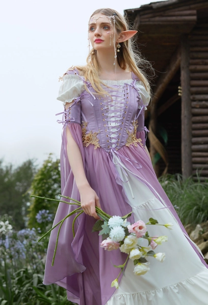 Medieval Renaissance Elf Costume - Purple Gradient Dress with Sleeves