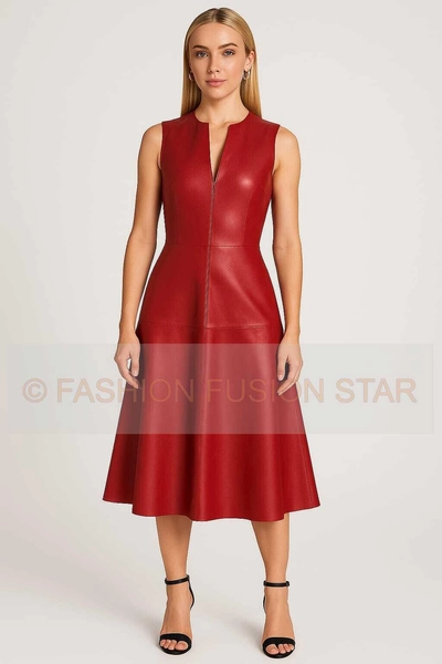 Genuine Sheep Leather Dress – Sleeveless A-Line Midi – Soft Real Leather Fit & Flare Dress – Luxury Handmade Women’s Leather Outfit