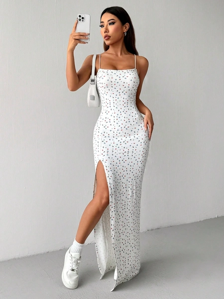 SHEIN EZwear White Ditsy Floral High Side Split Long Cami Dress