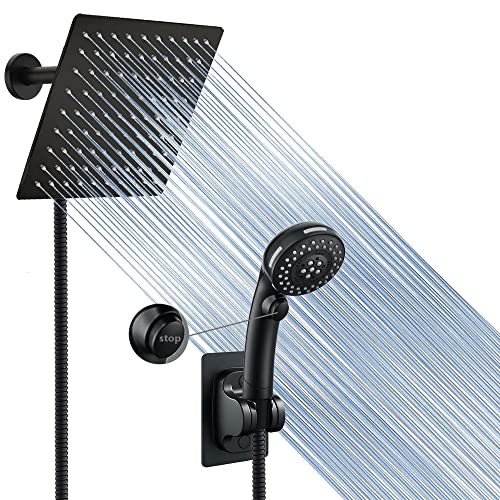 Shower Head with handheld, High Pressure 8'' Rainfall Stainless Steel with ON/OFF Pause Switch Combo with hose,Adhesive Shower Head Holder (Square Matte Black) … - Square Matte Black