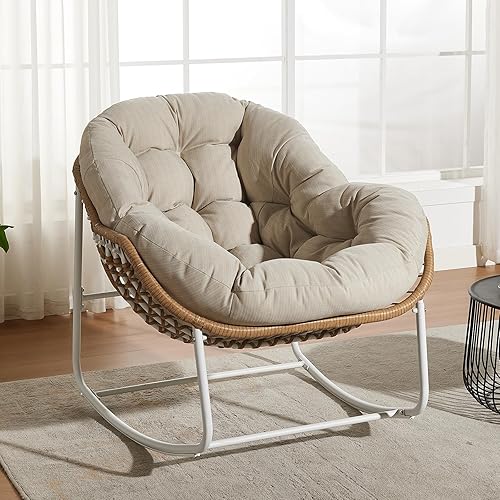 YDcosyfy Papasan Rocking Chair with Thick Cushion, Indoor Outdoor Comfy Patio Chair with Upgraded Steel Frame Oversized Wicker Lounge Chair for Front Porch, Garden, Bedroom, Living Room,Off-White - 1PCS - Off-white