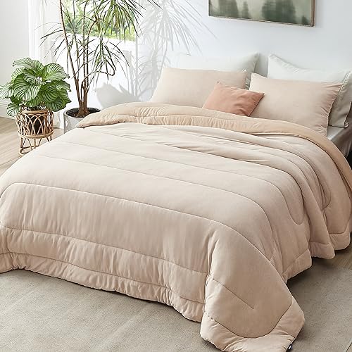 Bedsure Full Comforter Set - Cooling and Warm Bed Set, Beige Reversible All Season Cooling Comforter, 3 Pieces, 1 Full Size Comforter (82"x86") and 2 Pillow Cases (20"x26") - Full - 06 - Beige - Reversible