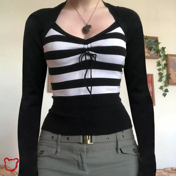 Black & White Lace-up Top