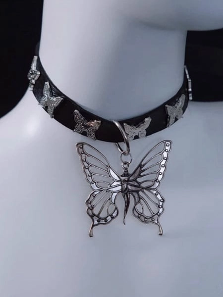 [$8.99]Handmade Metal Butterfly Pendant Gothic Black PU Choker