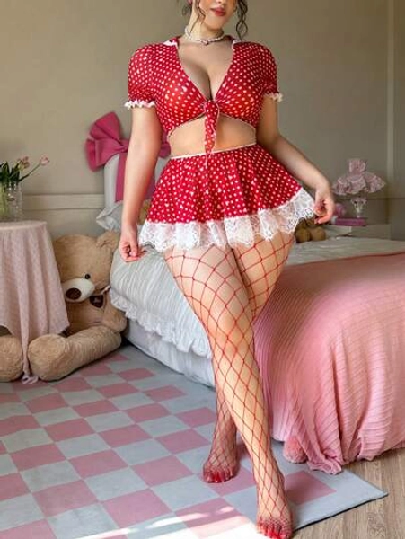 PetitDoll Series Lace Splicing Mesh Straps Plus Size Sexy Lingerie Set 2 Pieces