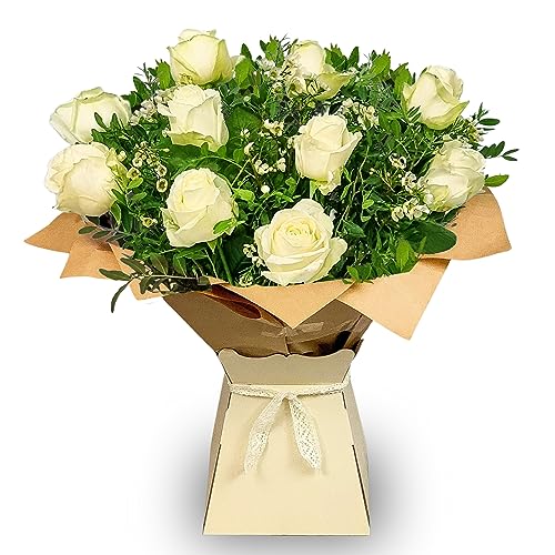 White Rose Flowers Fresh Bouquet Box - Fresh Flowers Delivery Next Day | Next Day Delivery Gifts for Mum, Wife, Girlfriend on Valentine's Day, Mother's Day and Anniversaries | All Occasions