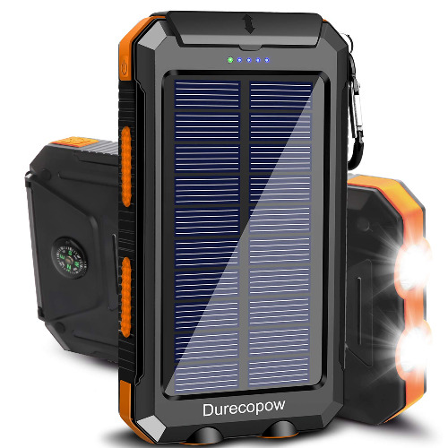 Durecopow Solar Charger, 20000mAh Portable Outdoor Waterproof Solar Power Bank, Camping External Backup Battery Pack Dual 5V USB Ports Output, 2 Led Light Flashlight with Compass (Orange) - 20000mAh-Orange
