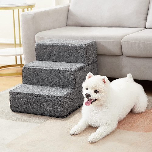Dog Stairs & Steps for Dogs Cats Holds up to 60 lbs,Pawque Pet Steps for High Bed Couch, Shock Absorbing Foam with High-Strength Boards for Pet Safe, Non-Slip Removable Washable Cover, 3 Step-Grey - 3 Step-Grey Linen